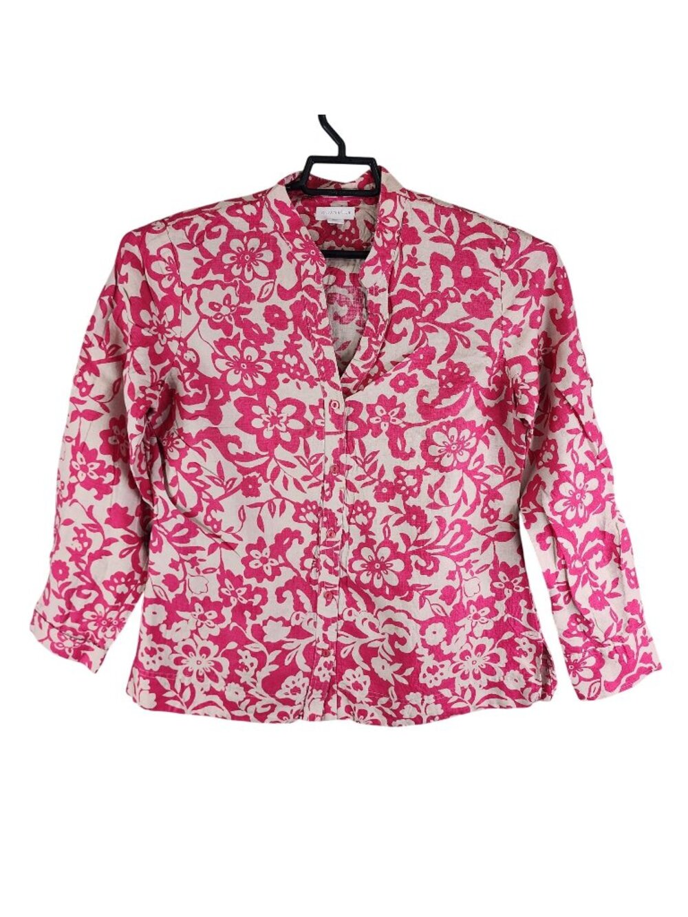 Womens Charter Club Pink & White Floral 100% Linen Button Up Blouse V-Neck 14
